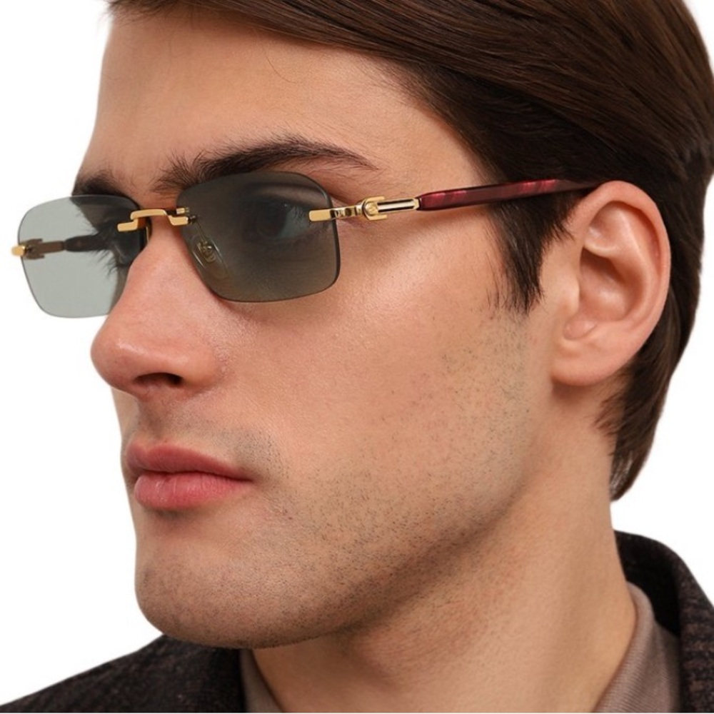 Gold and Bordeaux Rimless Sunglasses with Green Lenses Gucci 1221S color 003